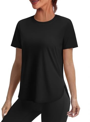 Aokosor Gym Tops for Women UK Loose Fit Casual Lightweight Summer Tee Shirts Training Quick Dry Clothes Soft Stretchy Sports Wear Black Size 10-12