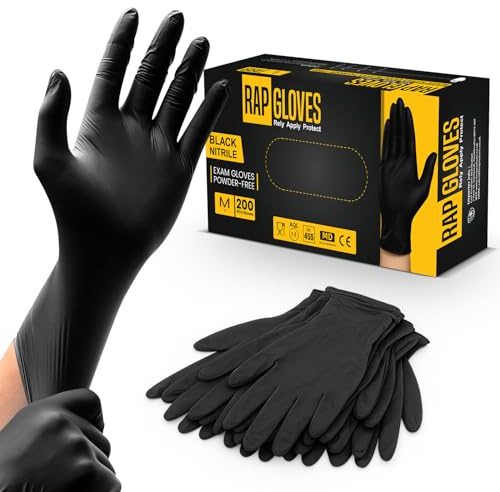 RAP Gloves 200 Black Nitrile Disposable Gloves Medium, Food Safe Latex Free | Powder free professional handling and hygiene gloves for daily cleaning use. Ambidextrous, 200 per box