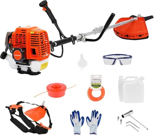 Débroussailleuse à essence 52 cc 2 temps, tige droite avec système anti-vibration, sangle de transport + accessoires pour coupe de jardin et entretien du paysage (2 en 1)