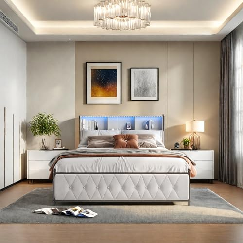 Hoscullo Polsterbett Doppelbett 180x200 cm mit LED und USB, Stauraumbett mit 4 Schubladen, Modern Jugendbett mit Stauraum, Funktionsbett Bettgestell mit Lattenrost, Beige, Samt