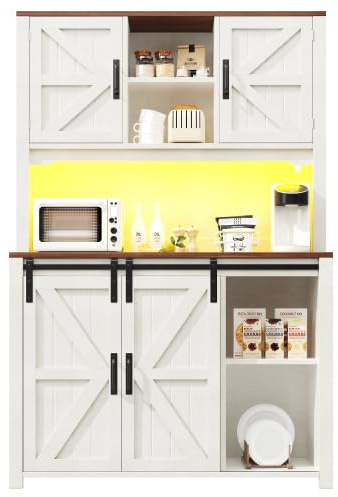 vutizal Buffet Cuisine, Armoire Haute Cuisine 115x174 cm - Meuble de Rangement avec Portes Coulissantes, Éclairage LED Intégré, Plan de Travail et 2 Tiroirs - Étagères Réglables (Blanc)