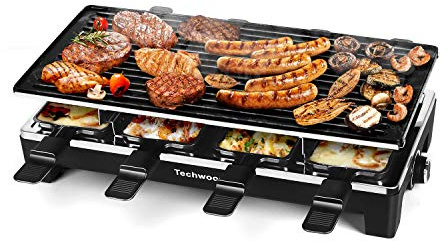 Raclette Table Grill, Techwood Electric Indoor Grill Korean BBQ Grill, Removable 2-in-1 Non-Stick Grill Plate, 1500W Fast Heating with 8 Cheese Melt Pans, Ideal for Parties and Family Fun (Black)