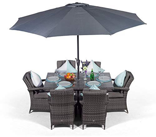 Giardino Arizona Rattan Garden Dining Set 6 Seater Outdoor Rectangular Garden Table & Chairs Patio Furniture with Parasol & Cover, 150 x 100cm, Grey