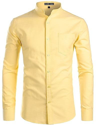 PARKLEES Mens Hipster Design Grandad Collar Oxford Shirt Slim Fit Long Sleeve Casual Button Down Dress Shirts with Pocket