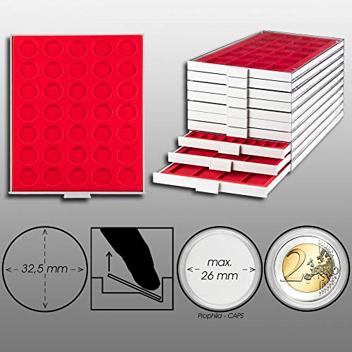 Prophila Collection Münzbox grau 35 runde Fächer für Münzen bis 32,5mm (10-/20-€URO-Gedenkmünzen), rote Einlage