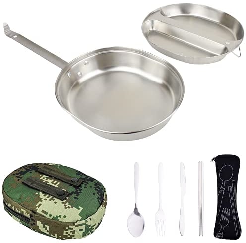 MASTIFF GEARS 304 (18/8) Stainless Steel (FDA Compliant) USGI Type Mess Kit, Revived Plate Set, Army Mess Kit with Utensils & Pouch for Outdoor Camping Hiking Picnic BBQ Beach