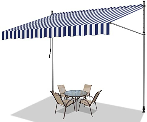 Fiqops Store de Balcon avec Manivelle, 400x120x200-300cm Rétractable Réglable en Hauteur et en Inclinaison pour Balcon Auvent Téléscopique Résistant UV et Imperméable, Bleu Blanc