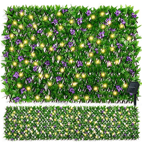 Relax love Expandable Fence with Solar Light String, Stretchable Foliage Privacy Fence,Faux Ivy Panel Backdrop Artificial Hedges Screen Leaf Decor for Garden Balcony Patio Backyard(Green)