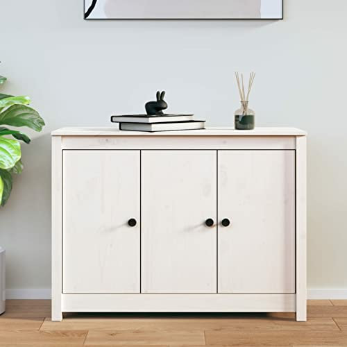 Homgoday White Sideboard, 100 x 35 x 74 cm, Solid Pine Wood, Wardrobe Shelves, Indoor Cabinet, Garden Furniture, Broom Holder for Indoor Bathroom Home