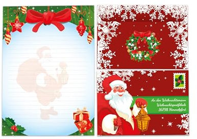 Briefpapier-Set A5 Weihnachtsmann Schreibblock liniert mit Umschlag Weihnachten Wichtelgeschenk für Kinder (1 Block A5 mit 25 Blättern + 15 bunt bedruckte Kuverts An den Weihnachtsmann)