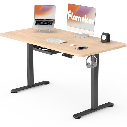 Flamaker Höhenverstellbarer Schreibtisch Ganze Tischplatte 100 x 60 cm Schreibtisch Höhenverstellbar Elektrisch mit 4 Memory-Steuerung und Häkchen und 360° Rollen (Beige+Schwarz)