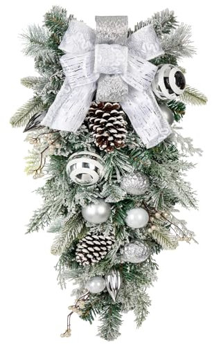 Weihnachtsdeko Tropfen Girlande für Weihnachten - Silber-Weiße Weihnachten Teardrop Swag mit Weihnachtskugeln, Beeren, Tannenzapfen und Schleife, Weihnachtsdeko, Höhe 76CM