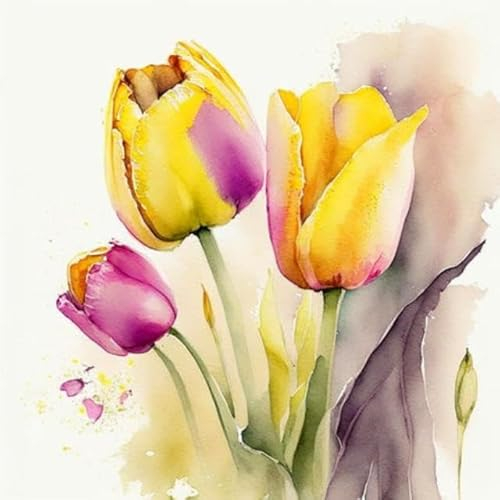 adrium Acryl-Bild 60 x 60 cm: Rosa und gelber Tulpenstrauß mit grünen Blättern im Aquarellstil. Frische Blumen. Digital generierte Illustration. (207726928)