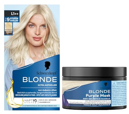 Schwarzkopf Blonde Aufheller L1++ (143 ml) mit HaptIQ System, für bis zu 8 Stufen Aufhellung & Purple Mask (150 ml) mit Anti-Gelbstich Effekt vegan & silikonfrei