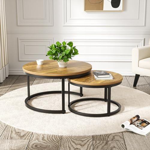 Hawthyhome 2 Stücke Beistelltisch Set rund, Couchtisch aus Holz mit Metallrahmen,Moderne Kaffeetische Satztische für Wohnzimmer Schlafzimmer Braun