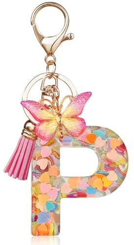 OSDUE Schlüsselanhänger für Damen, Alphabet Schlüsselanhänger, Mädchen Schlüsselanhänger, Rosa Schlüsselanhänger, Schmetterling Schlüsselanhänger Buchstabe für Frauen Mädchen Geburtstag Geschenke, P