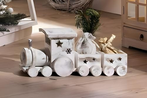 Dekoleidenschaft Weihnachtszug Shabby White aus Holz, 40 cm lang, Dekozug Lok mit 2 Anhängern, Dekofigur, Weihnachtsdeko