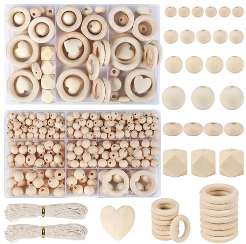 Minnhua 416 Stück Holzperlen Makramee Set Holzringe zum Basteln Holzperlen zum Auffädeln Holzkugeln mit Loch Holzperlen Natur Runde Holzperlen für DIY Schmuck Herstellung mit Bastelseilen