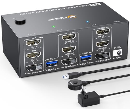 KVM Switch 2 PC 3 Monitore 8K@60Hz 4K@144Hz, Triple Monitore 2 HDMI+Displayport USB3.0 KVM-Switches mit 4 USB 3.0 Ports, Kabelfernbedienung und 2 USB Kabel