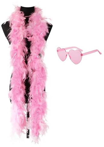 JICASTO Turkey Feather Boas with Bright Foil Tinsel 65g 6.6ft for Wedding Birthday Tea Party Christmas with Sunglasses (Pink)