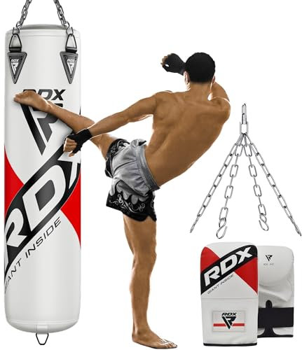 RDX 145CM Boxsack Hängend mit Handschuhen und Stahlkette Drehwirbel, 25KG Gefüllt Box Set 50KG Füllmenge, Erwachsene Maya Hide Leder Punching Bag für Boxen Kickboxen MMA Muay Thai Karate (WEISS, 4 FT)