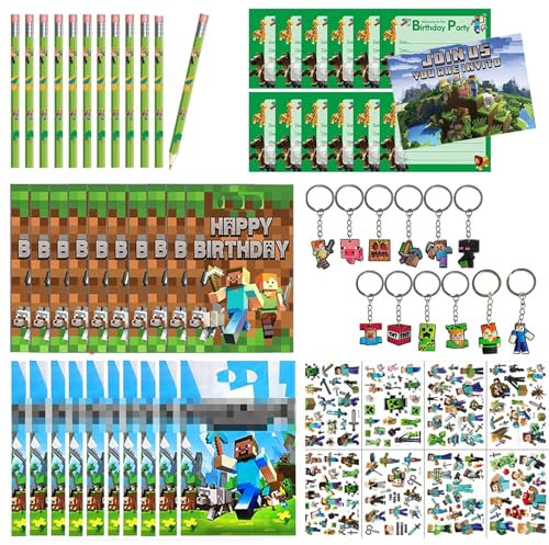 HYZMSZA Videospiel Party Mitgebsel, Pixel Party Mitgebsel Kinder mit Geschenktüten Einladungskarten Bleistift Schlüsselanhänger Tattoos Stickers für Kindergeburtstag Mitgebsel Deko