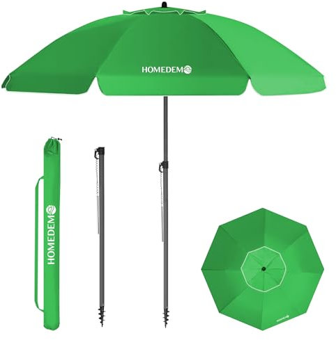 HOMEDEMO Sonnenschirm Strandschirm, Ø 180 cm Gartenschirm Marktschirm, Terrassenschirm mit Bodenhülse & Drehstange & Schutzhülle, Grün rund UV50+ Schutz Sonnenschutzschirm