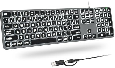 KOPJIPPOM Backlit Wired Keyboard for Mac, Large Print Keyboard with Dual Interface, Full Size Slim Thin Computer Keyboards with Numeric Keypad Compatible with Apple MacBook Air/Pro, iMac, Mac Mini/Pro
