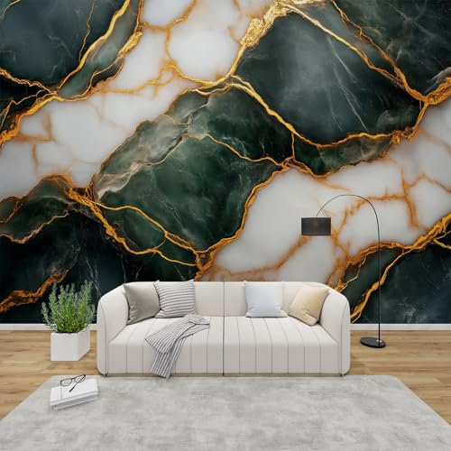 QEODAH Marble Wallpaper for Living Room, Emerald Green and Gold Wall Art for Bedroom, Modern Abstract Wall Murals for Bedrooms, Renter Friendly Removable Waterproof Photo Wallpaper 3D, 366x254 cm