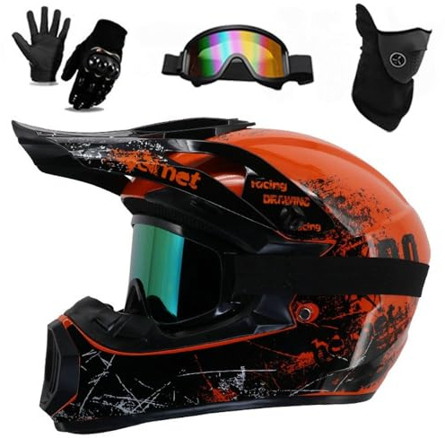 Jugend Erwachsene Elektro Dirt Bike Motorrad Helm Set für Jungen Mädchen Quad Bikes BMX MTB ATV Offroad Helm mit Schutzbrille Handschuhe Maske DOT Genehmigt