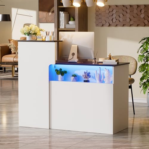 Comptoir de réception avec LED Comptoir d'accueil Professionnel Bureau d'accueil avec Tiroir pour Clavier et Armoire Co-mptoir de Caisse Réception pour Salon de Coiffure,Bureau,Boutique 50*120*100CM
