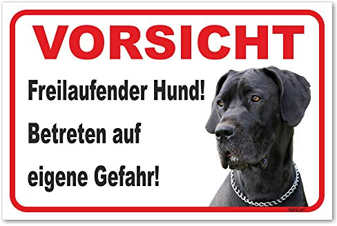 AdriLeo Schild - Vorsicht Deutsche Dogge - Freilaufender Hund - (15x20cm) / Graues Fell Achtung Hund Wachhund deutscher Hund robust langlebig UV-beständig wetterfestes Warnschild