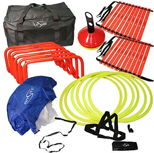 Lusum Speed Agility Kit - 6 x Hurdles, 24 x Cones, 2 x Agility Ladders 1 x Speed Resistance Harness, 1 Speed Parachute and a Heavy Duty Carry Bag - Multi-Sport Training Equipment For Football, Rugby