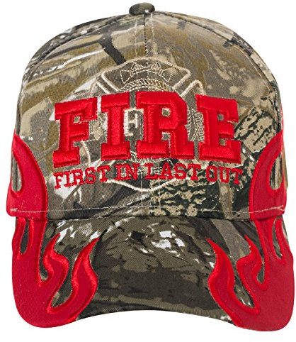 First in Last Out Fire Rescue Flames Baseballkappe mit verstellbarem Riemen, Camo, Einheitsgröße