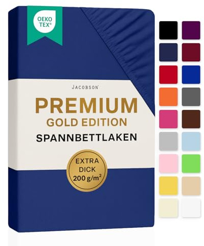 Jacobson Premium Spannbettlaken 200 g/m² Jersey Baumwolle mit Elasthan (180x200-200x200 cm, Royal Blau)