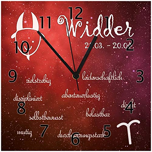 Wallario Design-Wanduhr Sternzeichen Widder aus Glas, Motiv-Uhr Größe 30 x 30 cm, Schwarze Zeiger