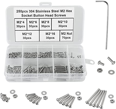 FandWay 250Pcs M2 Bolts and Nuts Set,Button Head Machine Screws ISO 7380 Allen Screws, 304 Stainless Steel Hex Bolts and Washers Set Fully Threaded With 1 Allen Keys.