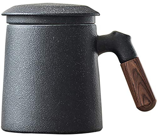 WENSHUO Sandalwood Handle Tea Mug with Infuser and Lid, Chinese Ceramic Tea Cup, 13 oz, Matte Grey