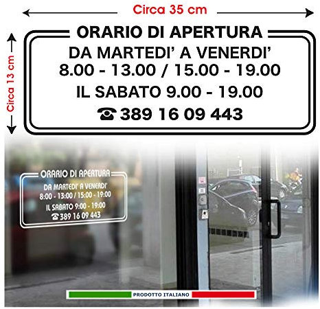Adesivo Orario Negozio Vetrina - Personalizzabile, Scritta Adesiva per Orari di Apertura Negozio e Attività, Cartello Orario Negozio Resistente alle Intemperie per Vetri