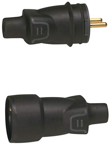 Legrand 50445 et 50446 – Fiche électrique 2 pôles avec terre – Noir ou Legrand Prolongateur 16 A caoutchouc sortie droite IP 44(Fiche + Prolongateur)