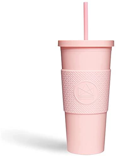 Neon Kactus Pink Flamingo Thermo Becher mit Strohhalm und Deckel, Lebensmittelechte Silikonhülle, Doppelwandig, Auslaufsicher, Matt-Pastellfarbe, Mehrweg Acryl-Becher, gestaltbares DIY-Geschenk, 650ml