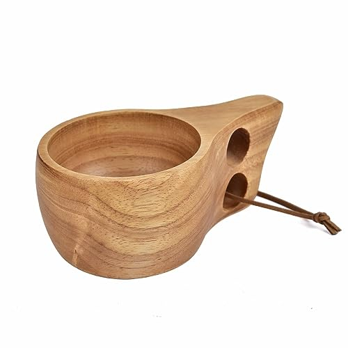 JINYOMFLY Tasse à Café en Bois, Fait Main Kuksa, Portable Avec Lanière en Cuir pour Thé, Lait, Sac à Dos, Camping (1)