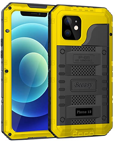 Beeasy Case for iPhone 12 Shockproof Waterproof Heavy Duty Protective,Military Full Body Tough Case Built in Screen Protector,Metal Hard Armour Phone Case for iPhone 12 6.1,Yellow