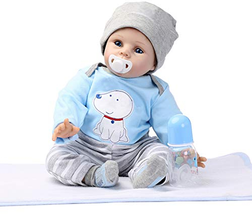 Decdeal 22 zoll 55 cm Reborn Kleinkind Baby Puppe Jungen Silikon Körper Boneca Mit Kleidung Blaue Augen Lebensechte Nette Geschenke Spielzeug Blauer Hund