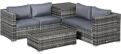 Outsunny 6 Pieces Rattan Garden Furniture Set, 4 Seater Wicker Garden Corner Sofa Set with 2 Storage Tables and Loveseats, Outdoor Conversation Furniture with Cushions for Conservatory, Patio, Grey