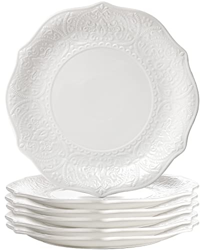 SOUJOY Lot de 6 assiettes plates en porcelaine blanche de 26,7 cm, assiettes en relief pour dîner, restaurant, fête de famille et cuisine, passe au micro-ondes et au lave-vaisselle