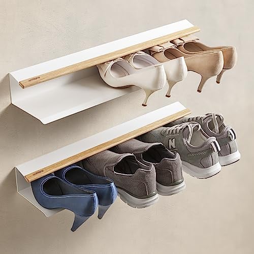 Armore Paar Schuhregale, 2er-Pack, modern, platzsparend, schlank, Wandbehang, Eingangsbereich, Metall, Holz, mit 1 Regal für bis zu 3 Paar Schuhe, schmales starkes offenes Regal (weiß x 2)