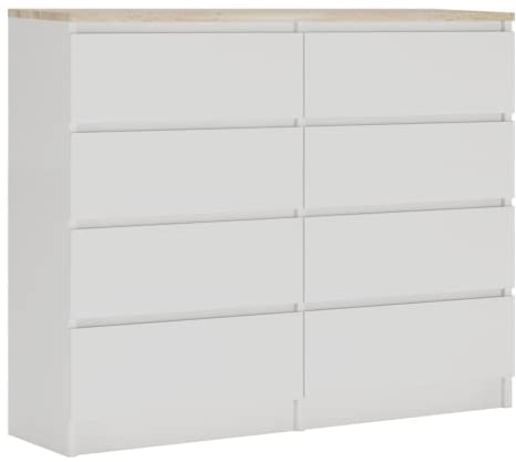 3E 3xE living.com Commode 120 cm, avec 8 tiroirs, Couleur : Blanc/Chêne Sonoma (Dessus), D : L : 120 cm x P : 39 cm x H : 102 cm