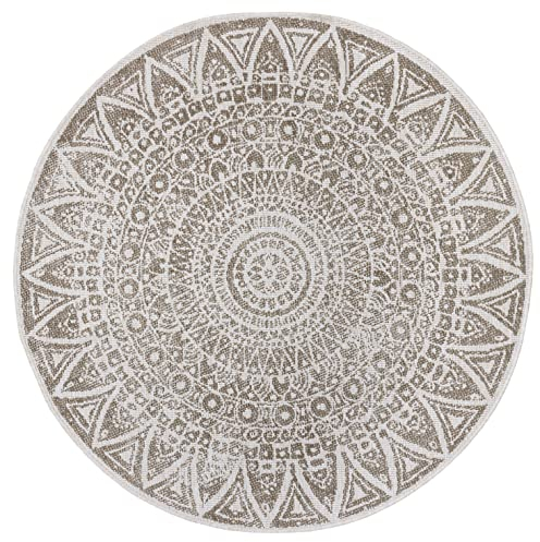freundin Home Collection Lilja Flachgewebe In- und Outdoor Wendeteppich Wetterfest Modernes Mandala Design Teppich für Balkon Terrasse Garten Wintergarten Wohnzimmerteppich Wasserfest, Ø 140 cm, Linen