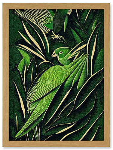 Wee Blue Coo Green Modern Vintage Retro Abstract Jungle Tropical Leaves Parrots Illustration Artwork Framed Wall Art Print A4